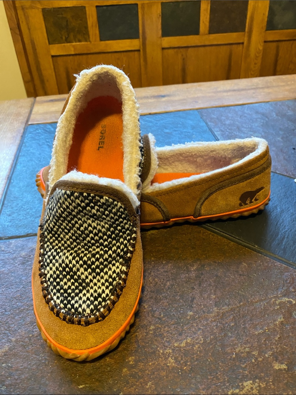 Sorel Women's Brown Suede Moccasin Slippers with Orange Sole